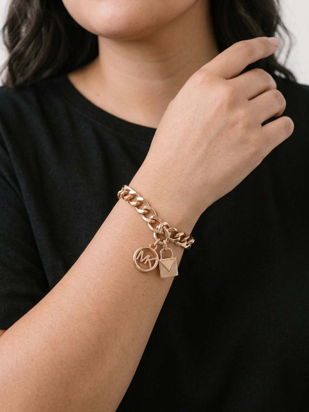 Michael Kors Gold-Tone Chain Link Charm Bracelet with MK Logo and Padlock